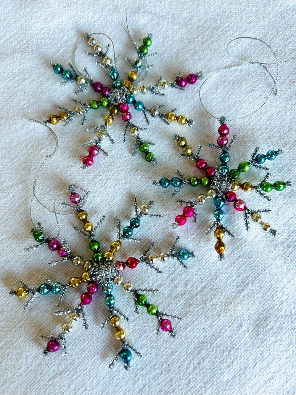 3 Vintage repurposed holiday Christmas glass garland bead snow flake ornaments